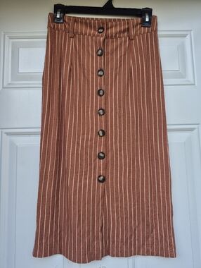 Say What? Rust Brown Pinstripe Button Front Cotton Blend Midi Skirt Small